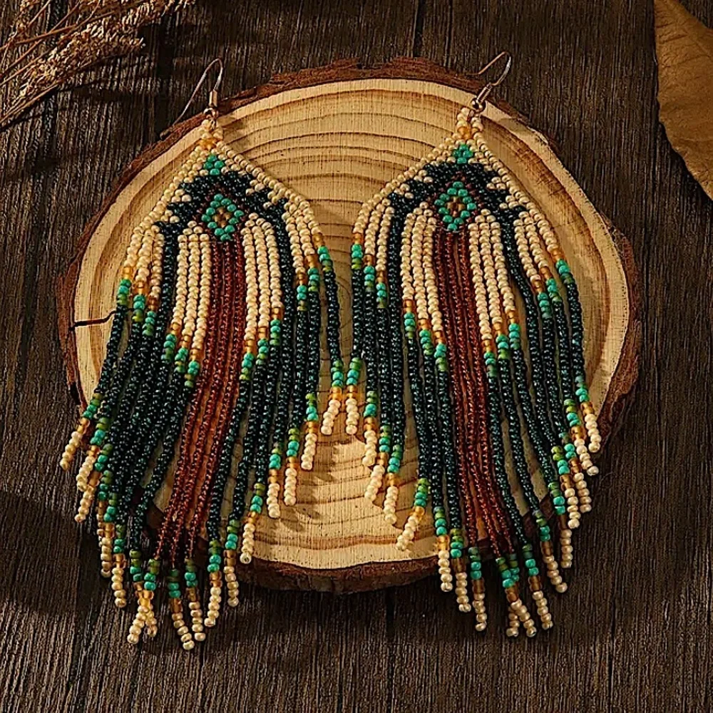 Bohemian Beaded Dangle Tassel Earrings, Tribal Design, Western, Boho, Fringe